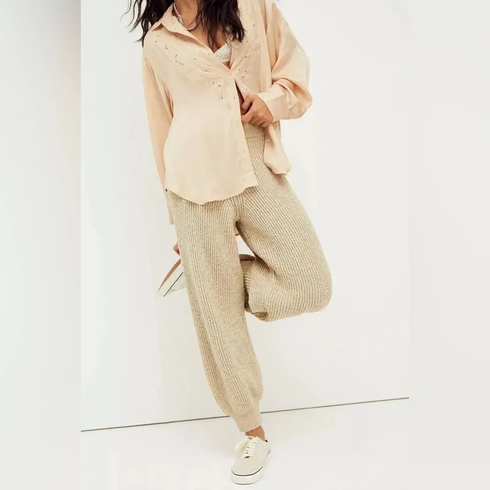 New Free People Logan Pass Knit Balloon Jogger Pants in Brown Size L